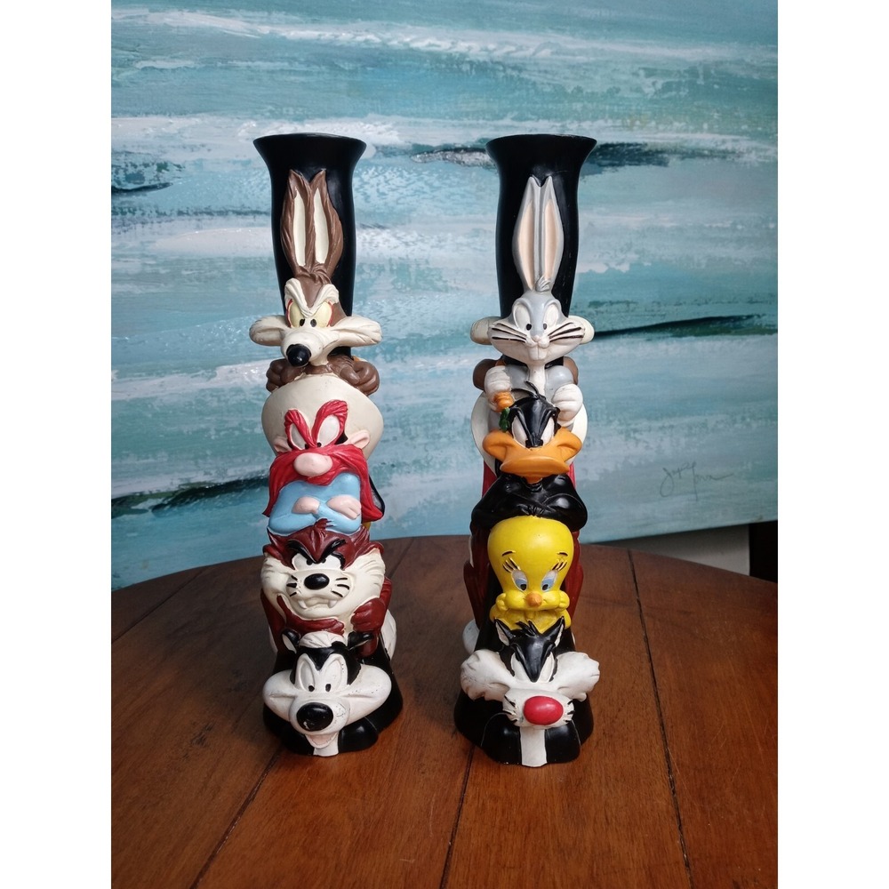 Vintage Looney Tunes Totem Candle Stick Holders 1995 Warner Bros Store-Set of 2 - Picture 2 of 12